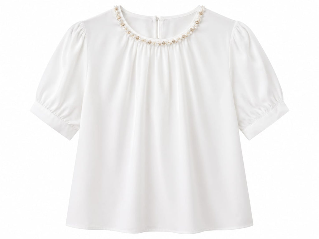 Elegant pearl neck puff sleeve blouse