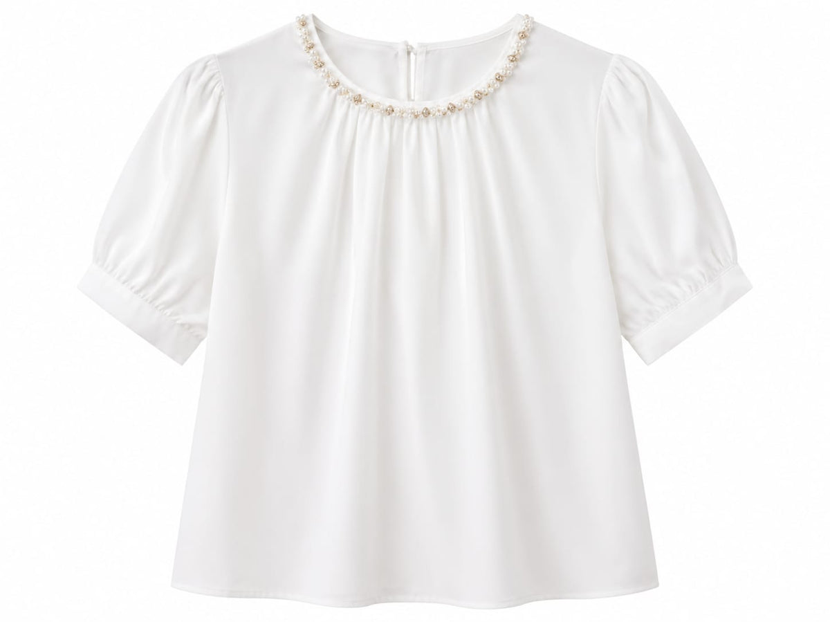 Elegant pearl neck puff sleeve blouse