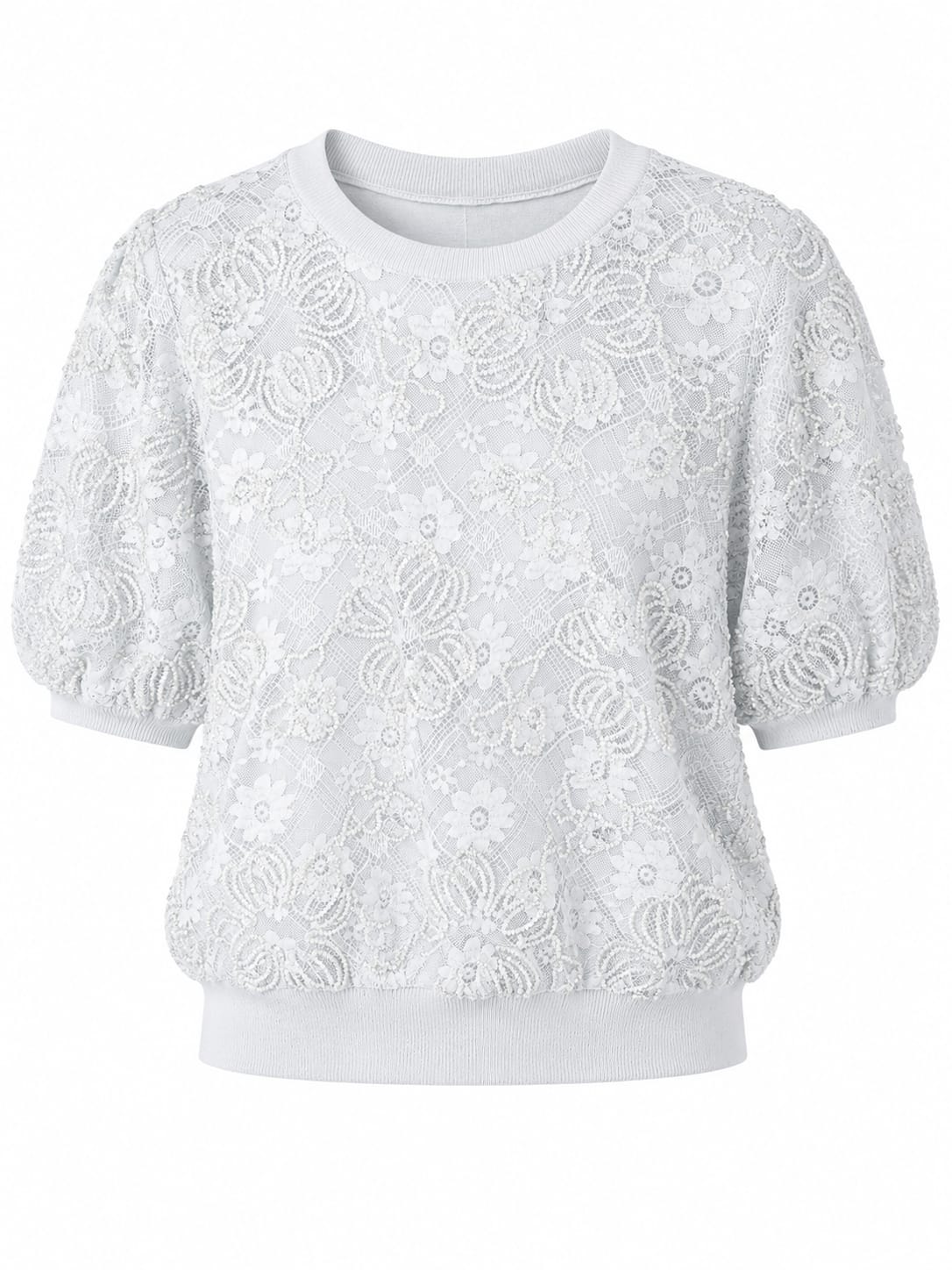 Women floral lace knit puff sleeve top