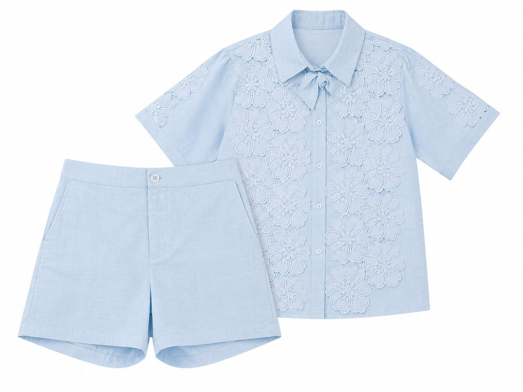 Sky blue floral lace shirt& shorts set