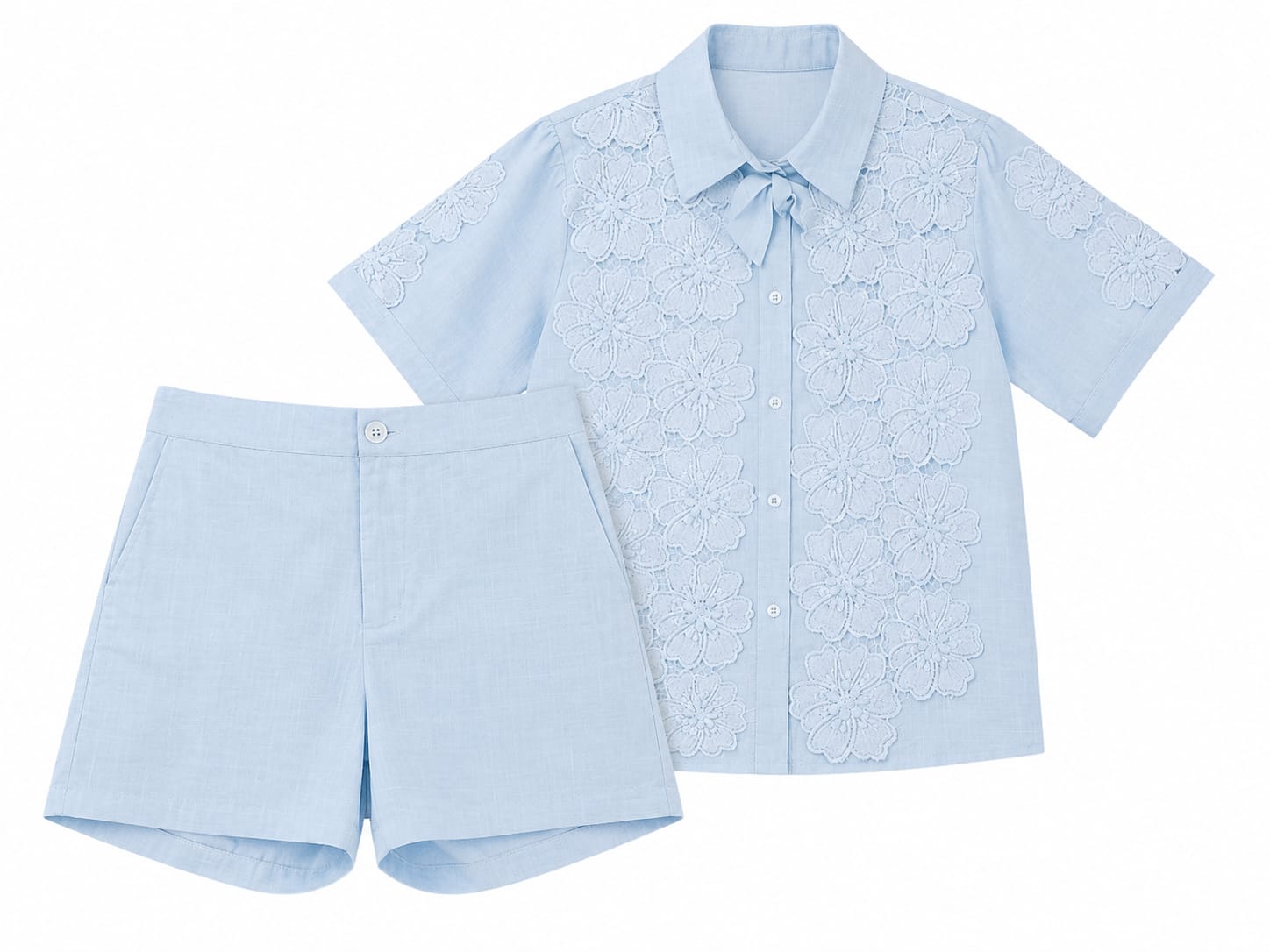 Sky blue floral lace shirt& shorts set