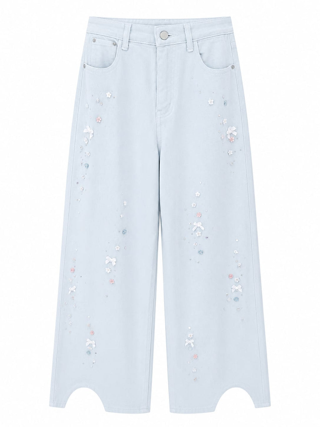 Embellished wide-leg denim pants-light blue