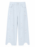 Embellished wide-leg denim pants-light blue