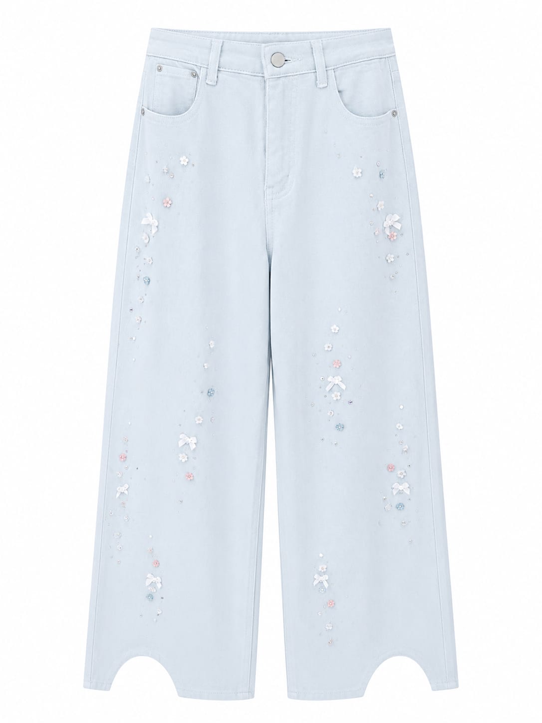 Embellished wide-leg denim pants-light blue