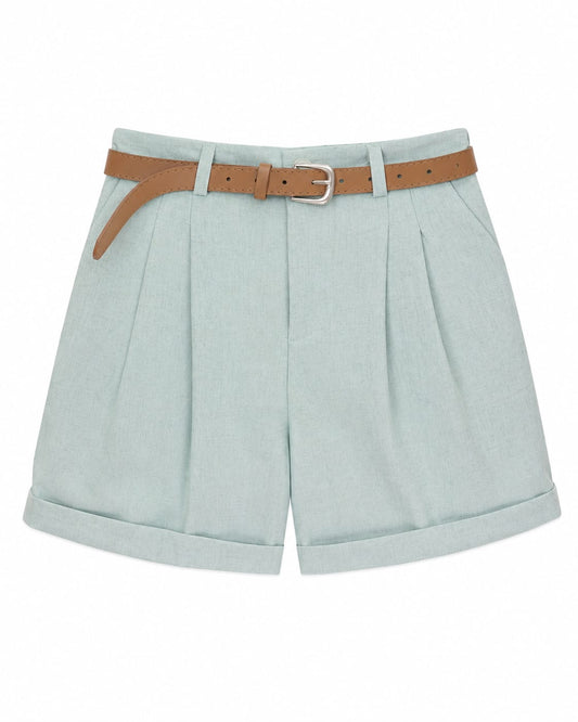Women high-waist pleated shorts with belt-light mint