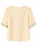 Women solid cream blouse with lace sleeve trim