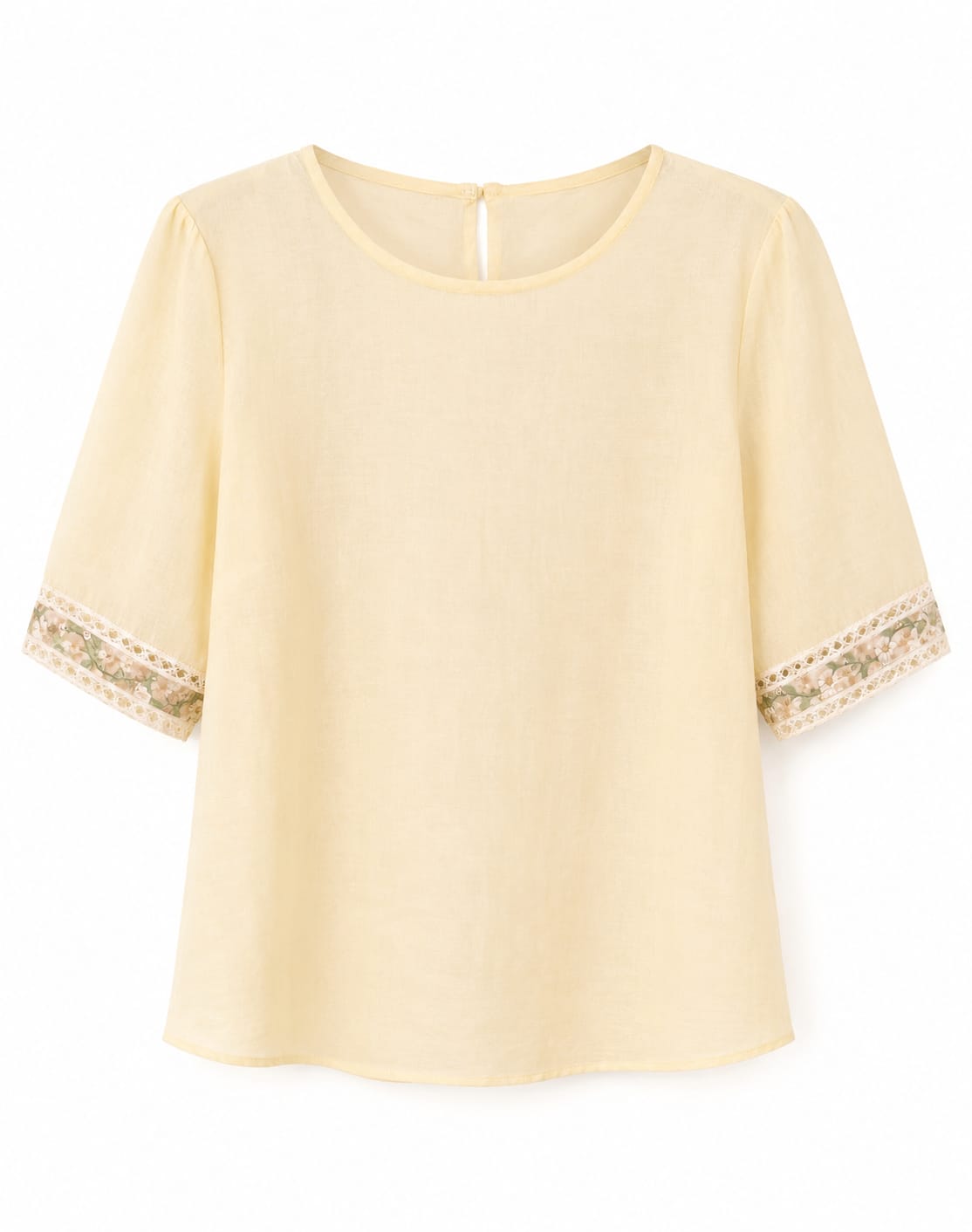 Women solid cream blouse with lace sleeve trim