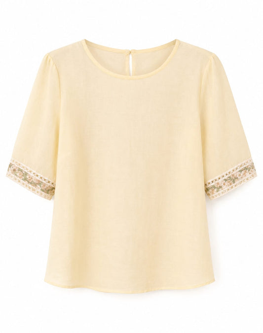 Women solid cream blouse with lace sleeve trim