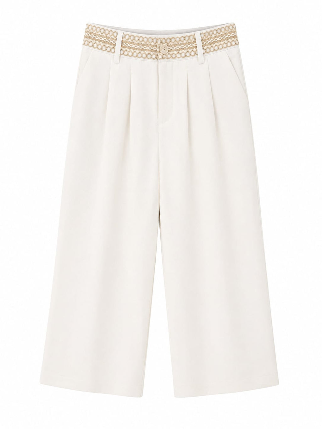Women wide-leg linen blend trousers with embroidered waistband