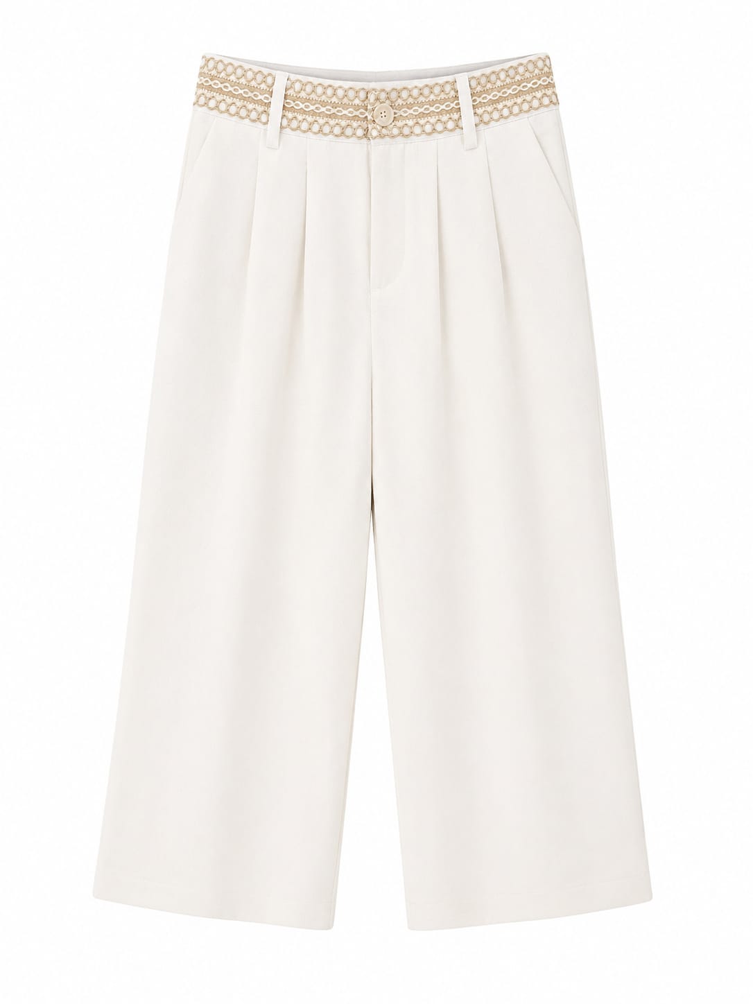 Women wide-leg linen blend trousers with embroidered waistband