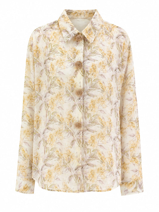 Women botanical print button-up blouse