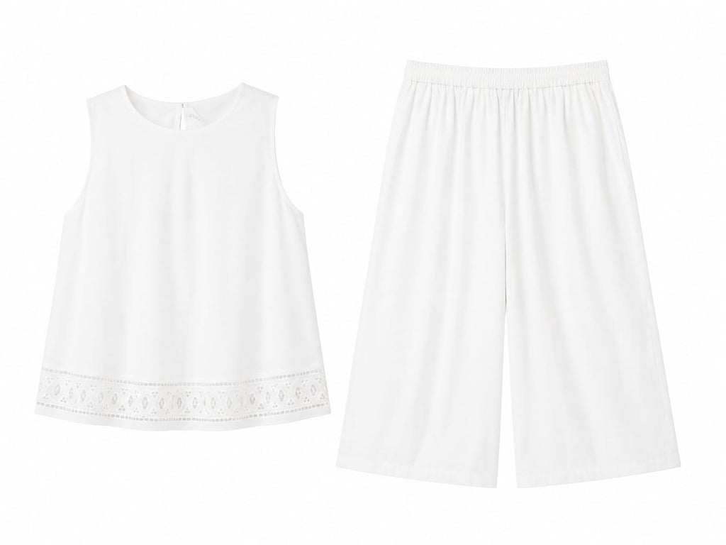 Women white sleeveless top&wide-leg pants set