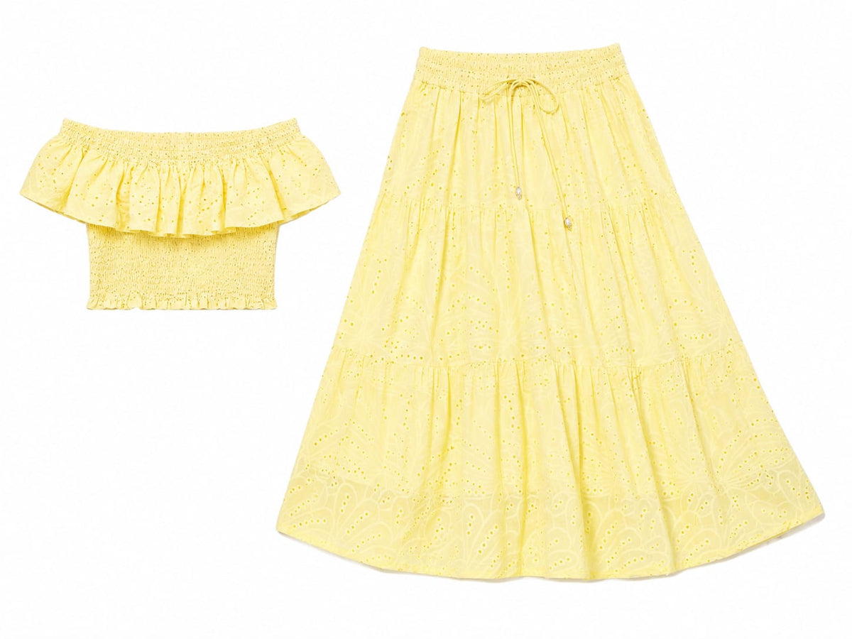 Women eyelet crop trop& maxi skirt set-lemon yellow