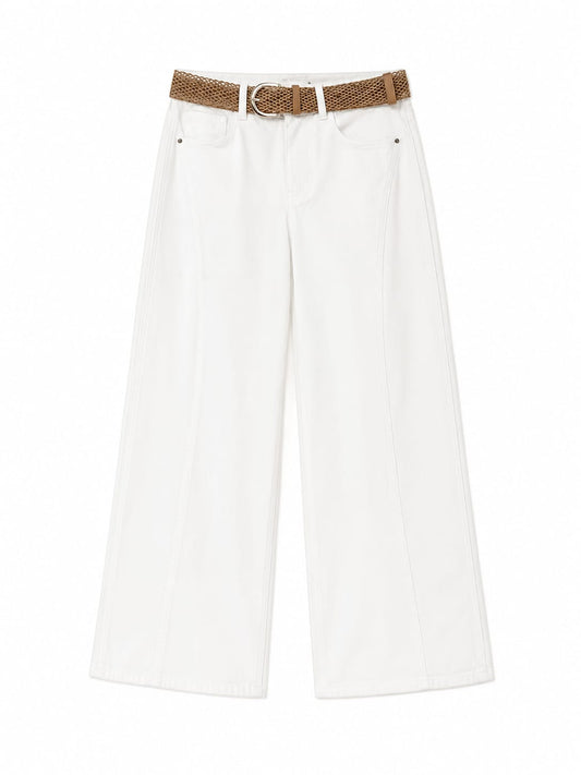 Women white wide-leg pants with woven belt