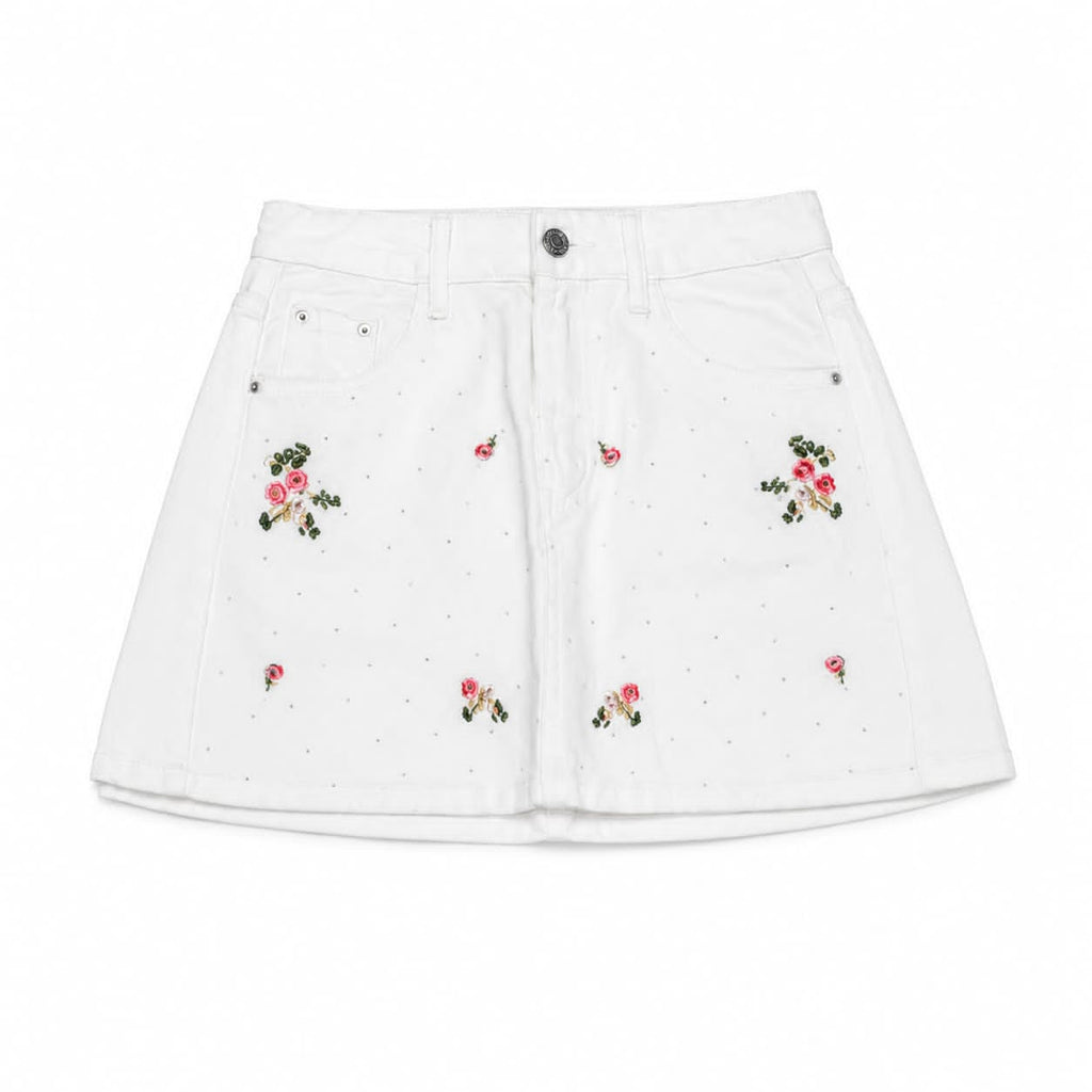 Women white floral embroidered denim mini skirt