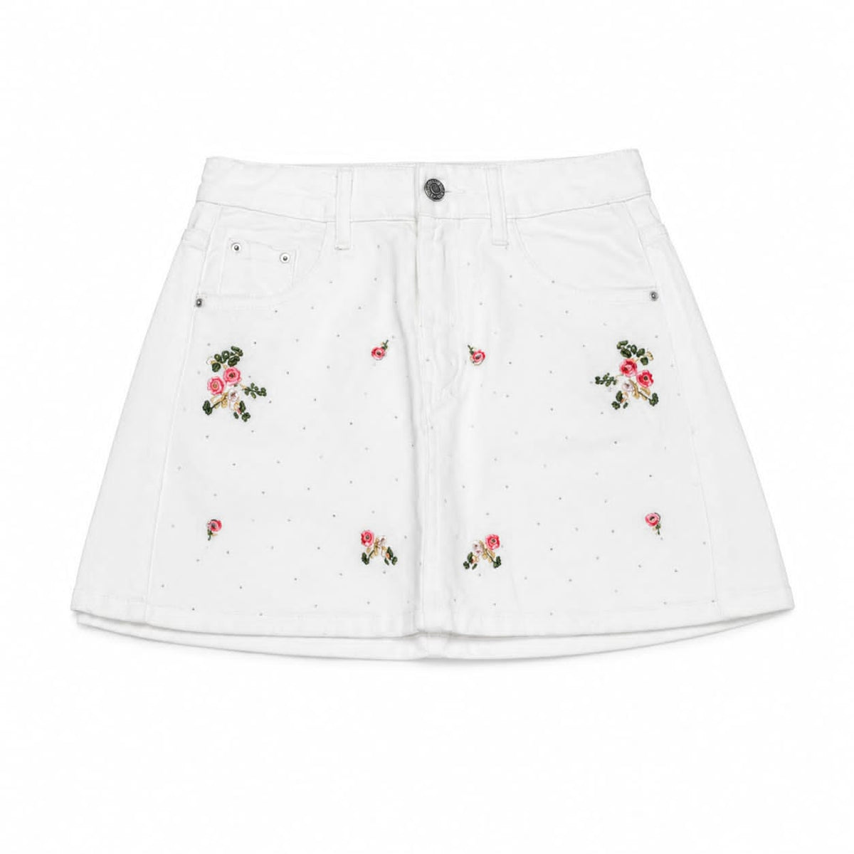Women white floral embroidered denim mini skirt