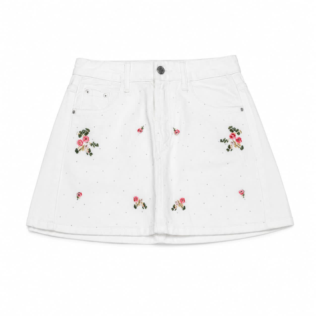 Women white floral embroidered denim mini skirt