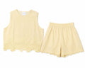Women pale yellow lace-trim top&shorts set