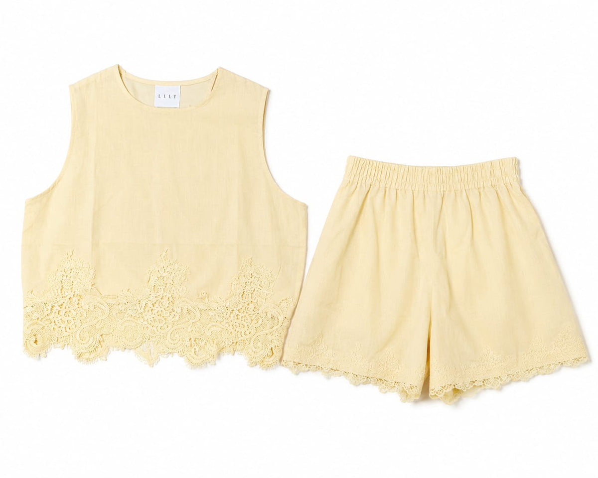 Women pale yellow lace-trim top&shorts set