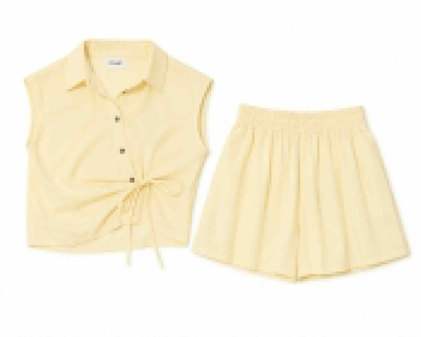 Women pale yellow tie-front top&shorts set