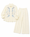 Women ivory embroidered shirt& wide-leg pant set