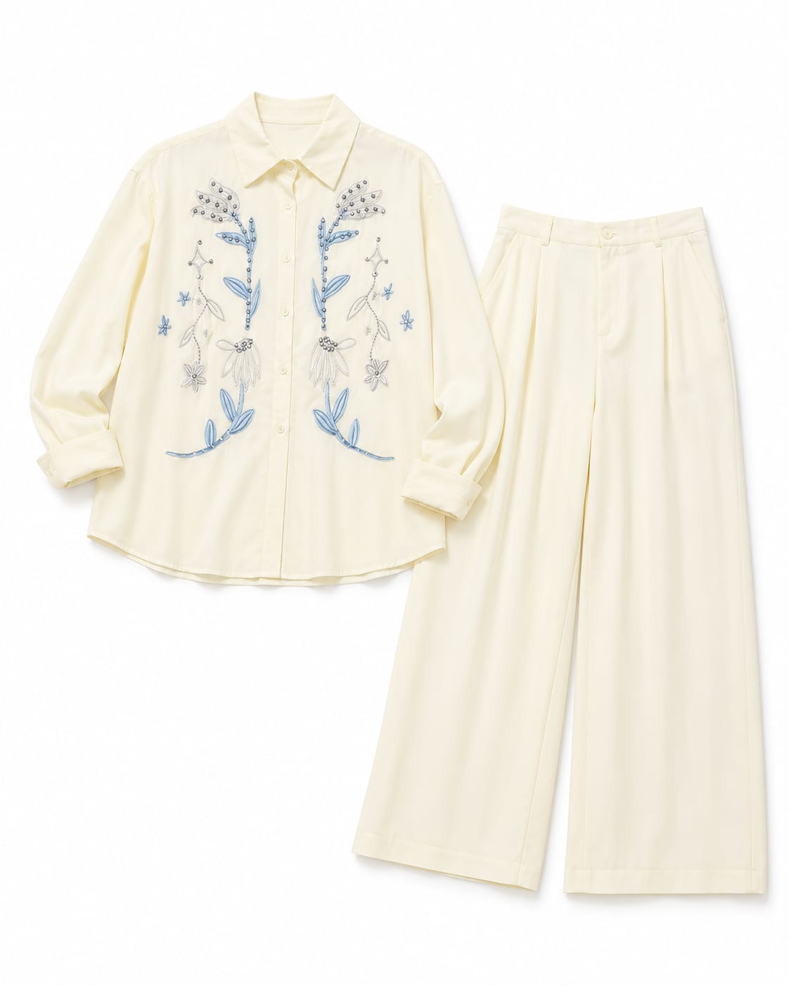 Women ivory embroidered shirt& wide-leg pant set