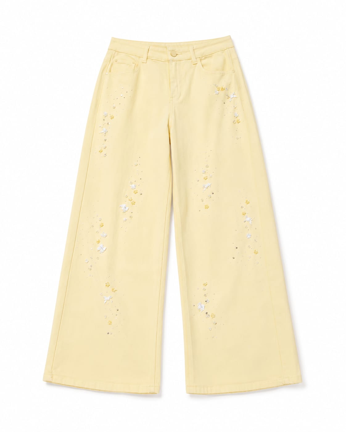 Women pastel yellow embellished wide-leg jeans