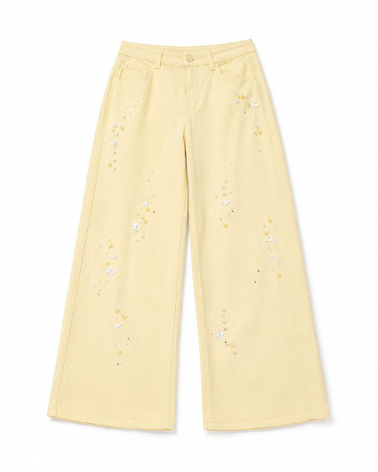 Women pastel yellow embellished wide-leg jeans