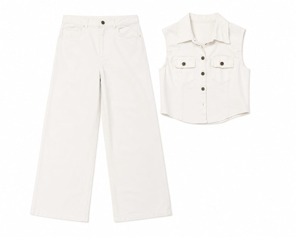 Women white denim vest&wide-leg jeans set