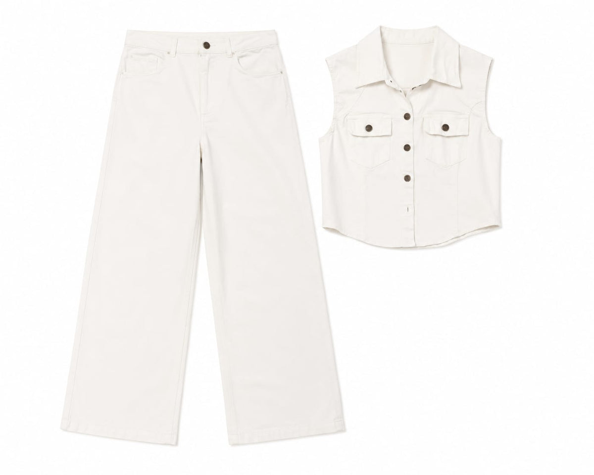 Women white denim vest&wide-leg jeans set