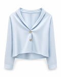 Women pastel blue satin cropped blouse with gold button