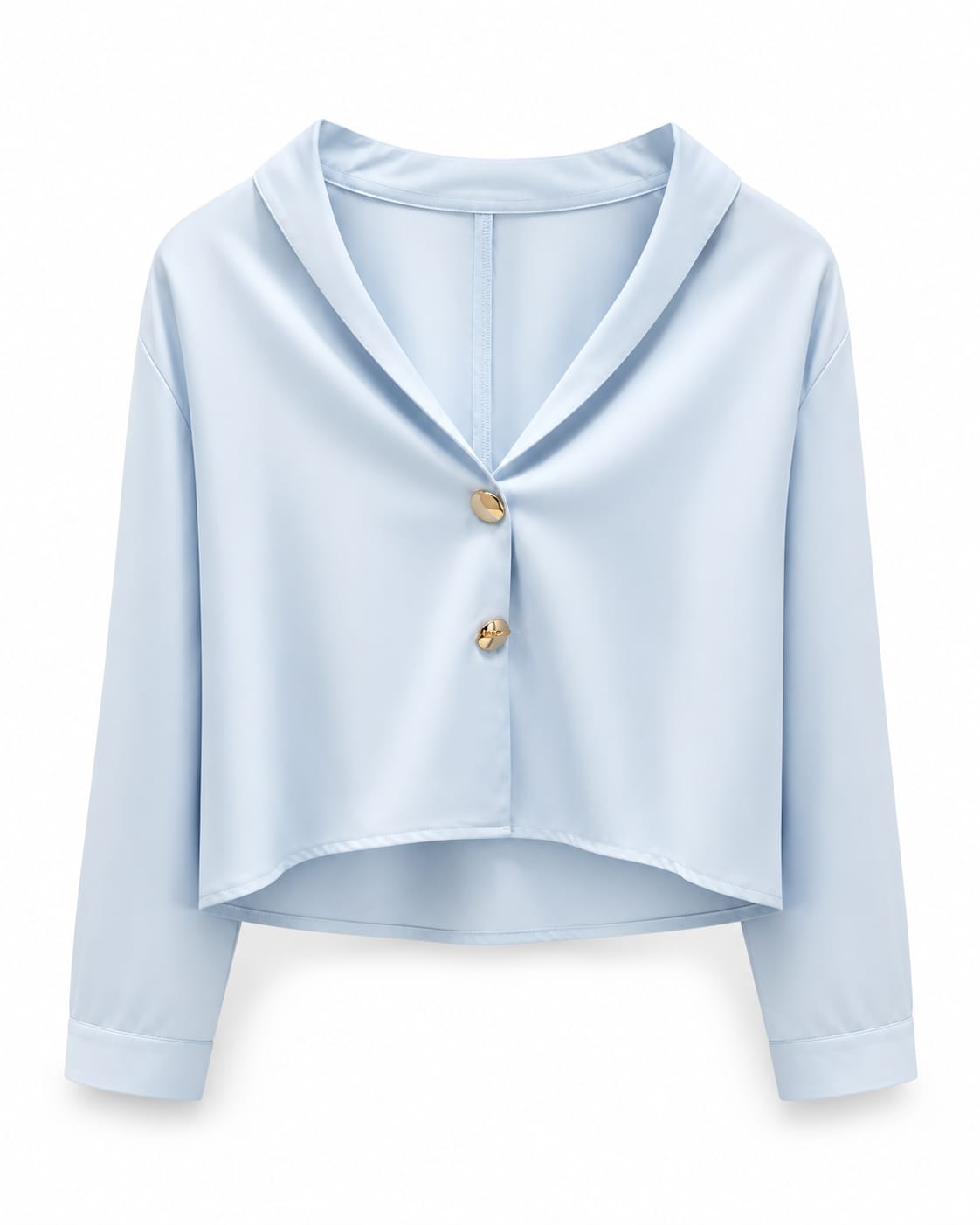Women pastel blue satin cropped blouse with gold button