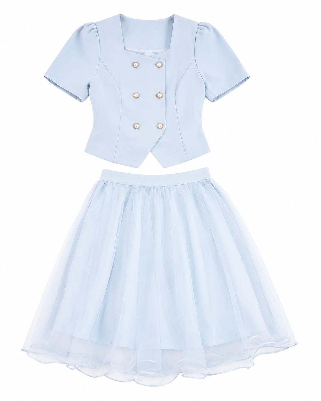 Women pastel blue tulle skirt& puff-sleeve top set