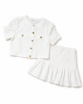 Women’s White Textured Gold-Button Top & Skirt Set