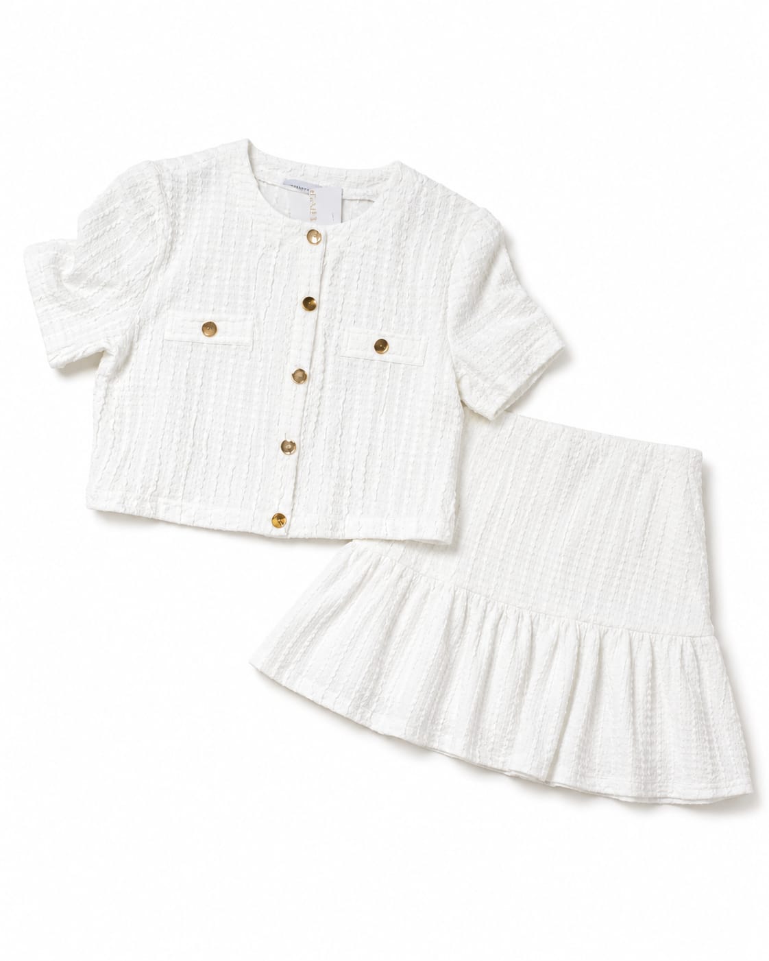 Women’s White Textured Gold-Button Top & Skirt Set