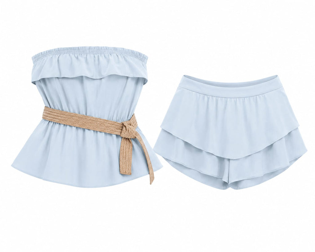 Women’s Light Blue Belted Strapless Top & Ruffle Skort Set