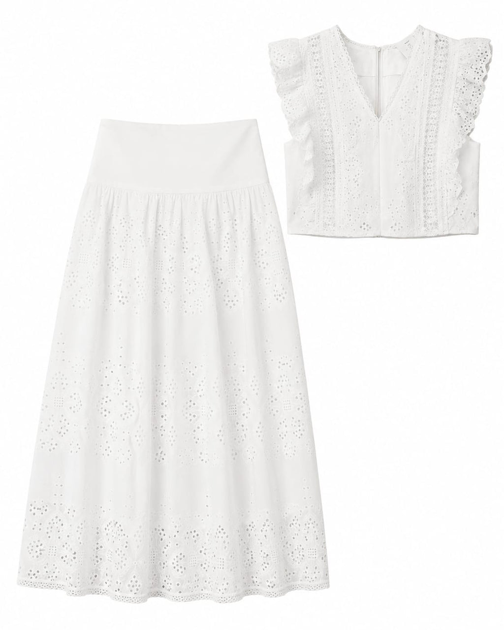 Women’s White Eyelet Lace Blouse & Midi Skirt Set