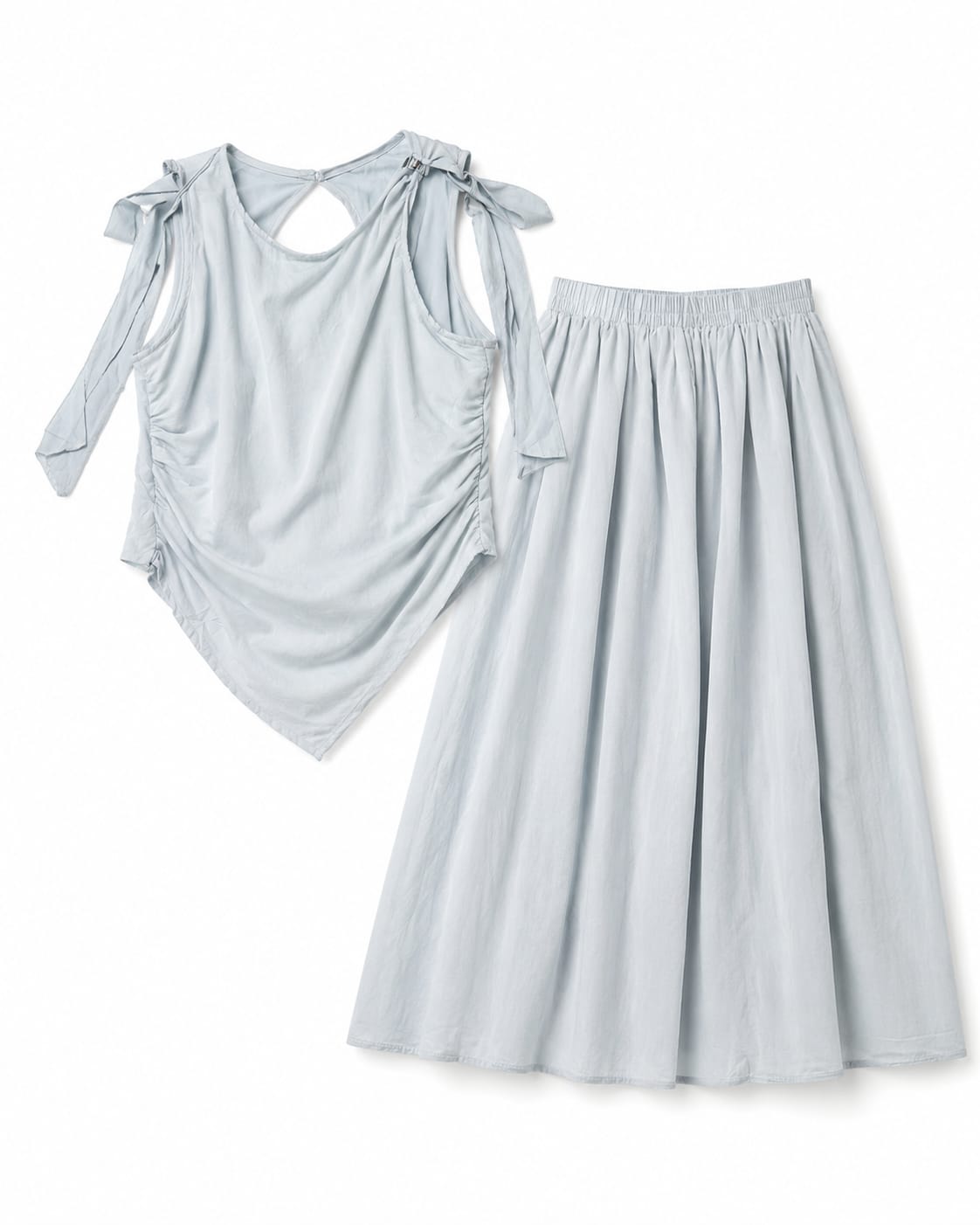 Women’s Light Blue Ruched Tie-Shoulder Top & Wide-Leg Pants Set