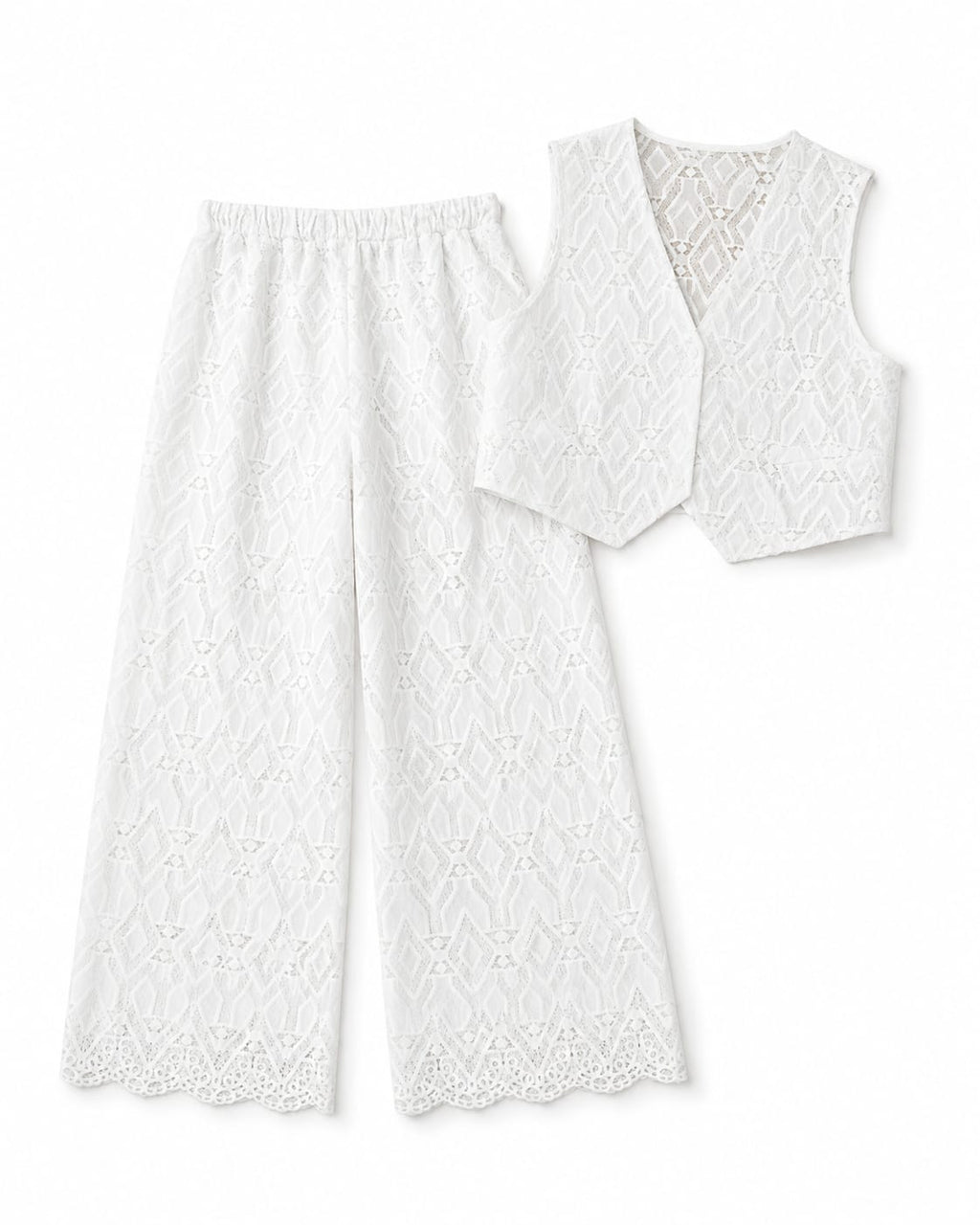 Women’s White Geometric Lace Vest & Wide-Leg Pants Set