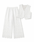 Women’s White Geometric Lace Vest & Wide-Leg Pants Set