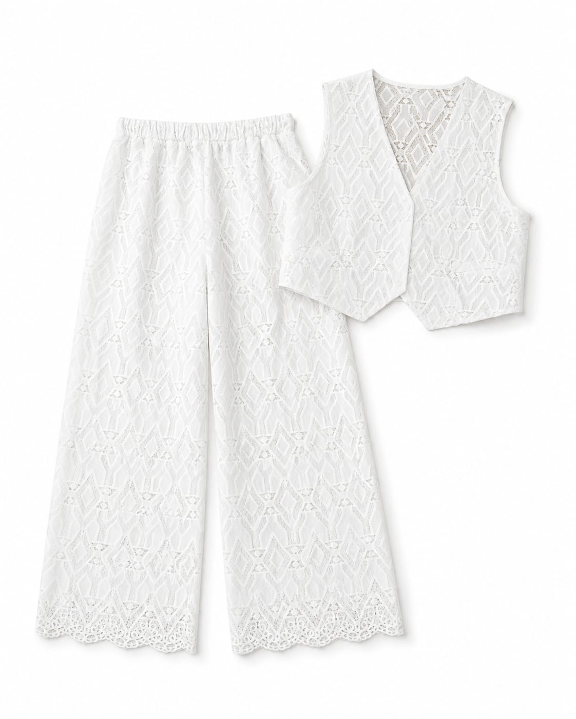 Women’s White Geometric Lace Vest & Wide-Leg Pants Set