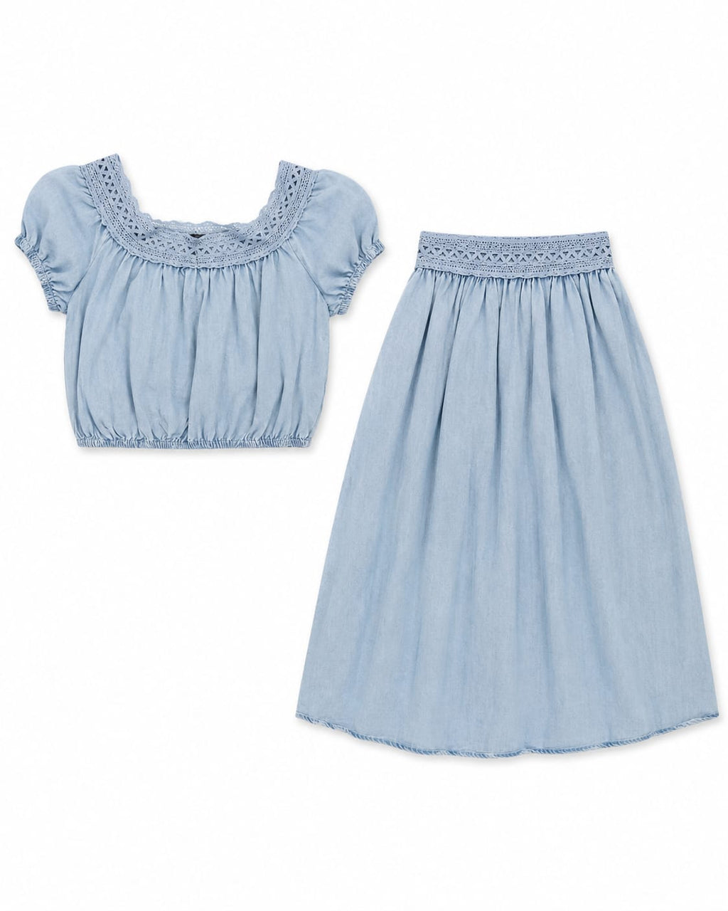 Women’s Light Blue Crochet-Trim Crop Top & Midi Skirt Set