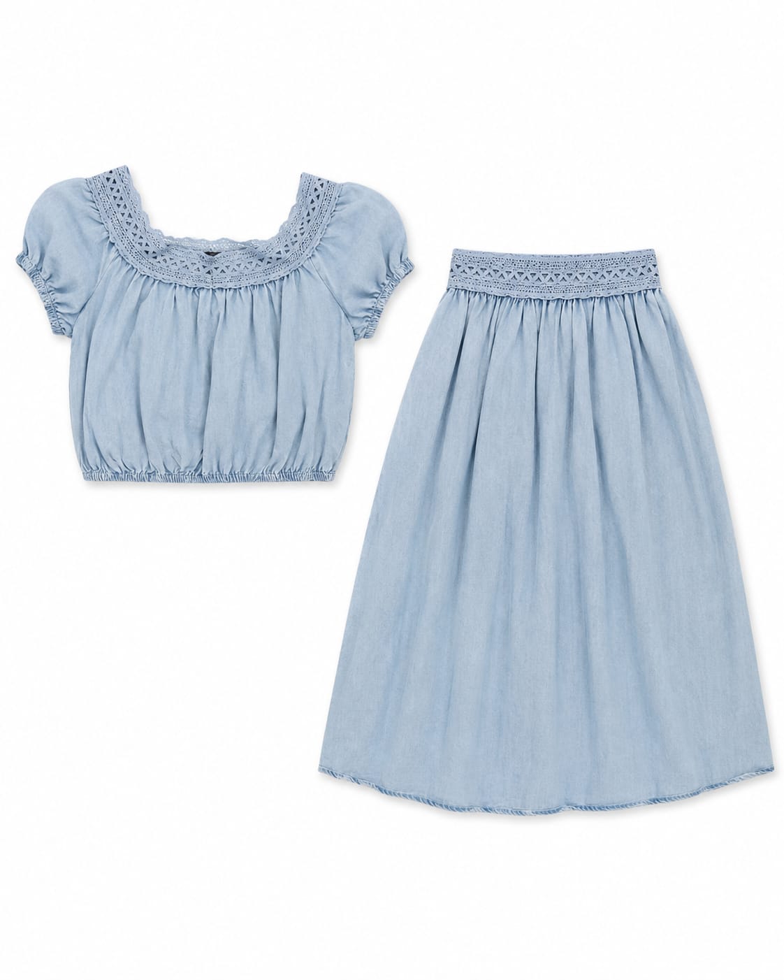 Women’s Light Blue Crochet-Trim Crop Top & Midi Skirt Set