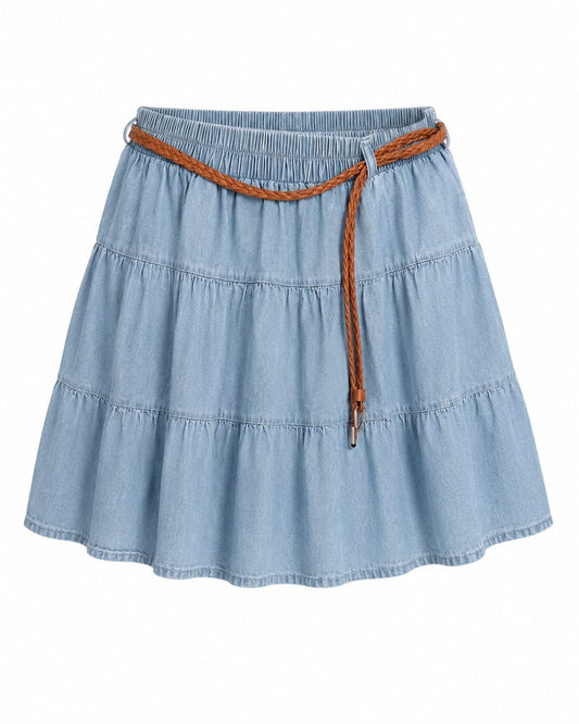 Women’s Light Blue Tiered Denim Mini Skirt with Braided Belt