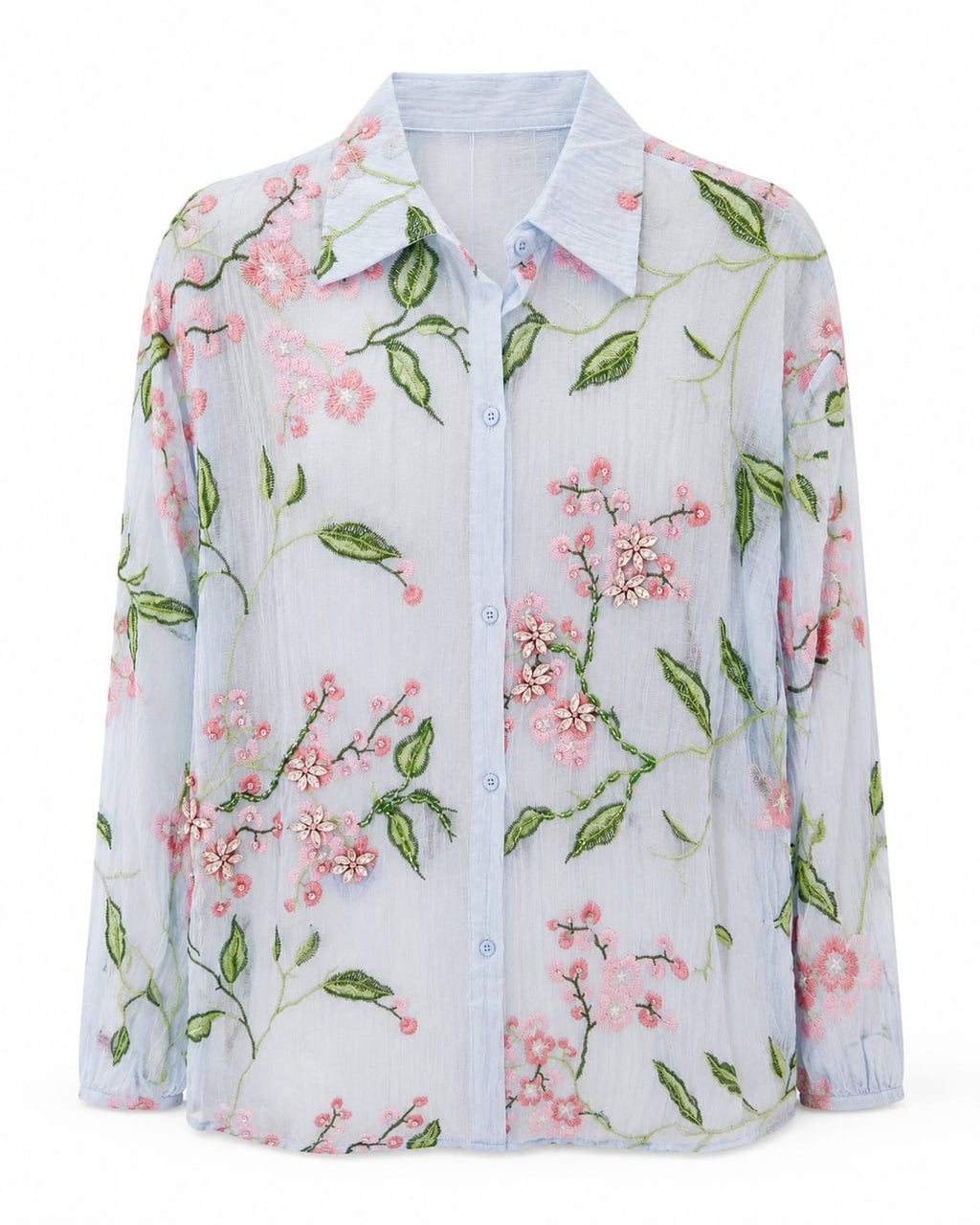 Women’s Light Blue Floral Embroidered Button-Up Blouse