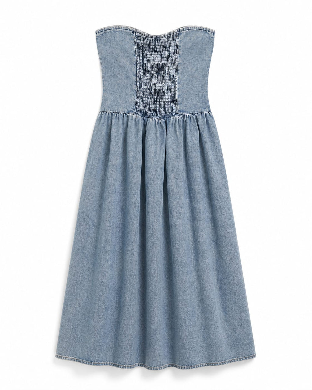 Women’s Light Blue Strapless Smocked Denim Midi Dress