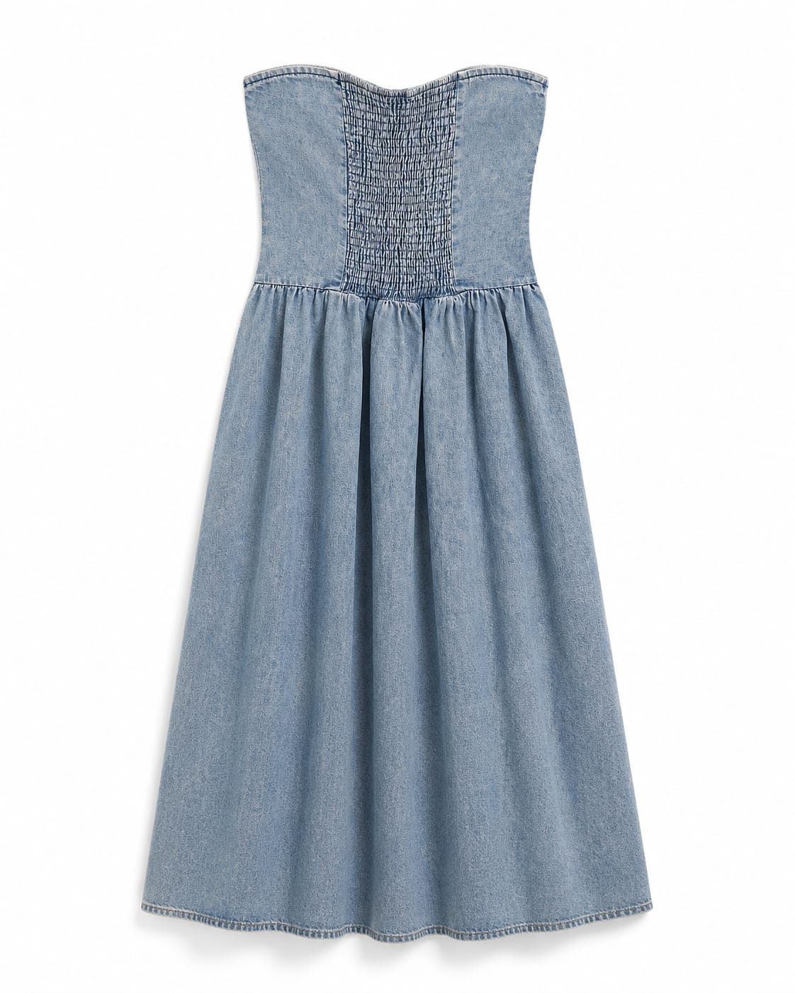 Women’s Light Blue Strapless Smocked Denim Midi Dress