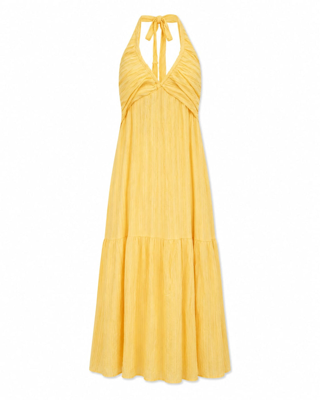 Women’s Yellow Ruched Halter Tiered Maxi Dress