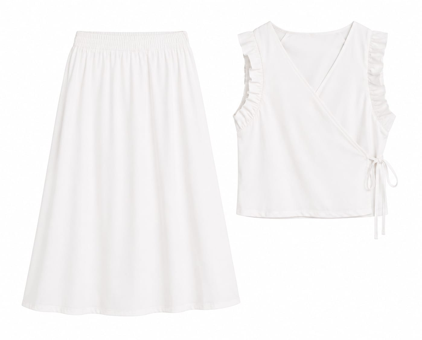 Women’s White Ruffle Wrap Top & Flowy Midi Skirt Set