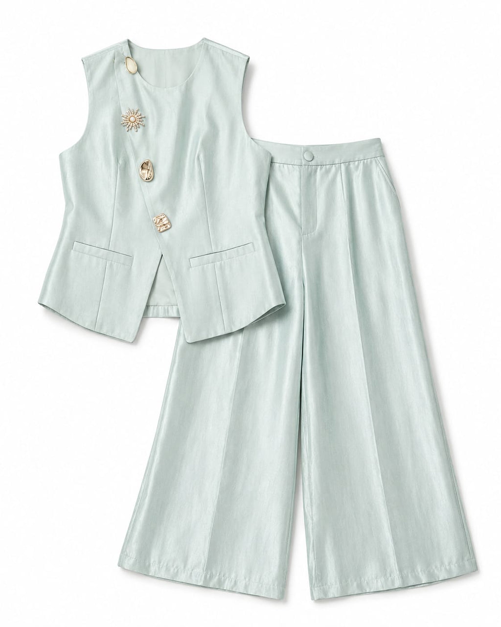 Women’s Mint Green Embellished Vest & Wide-Leg Pants Set